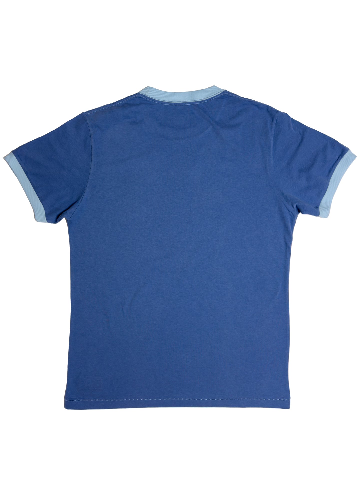 Signature blue indigo t-shirt with some light blue retro trims on the collar and sleeves.