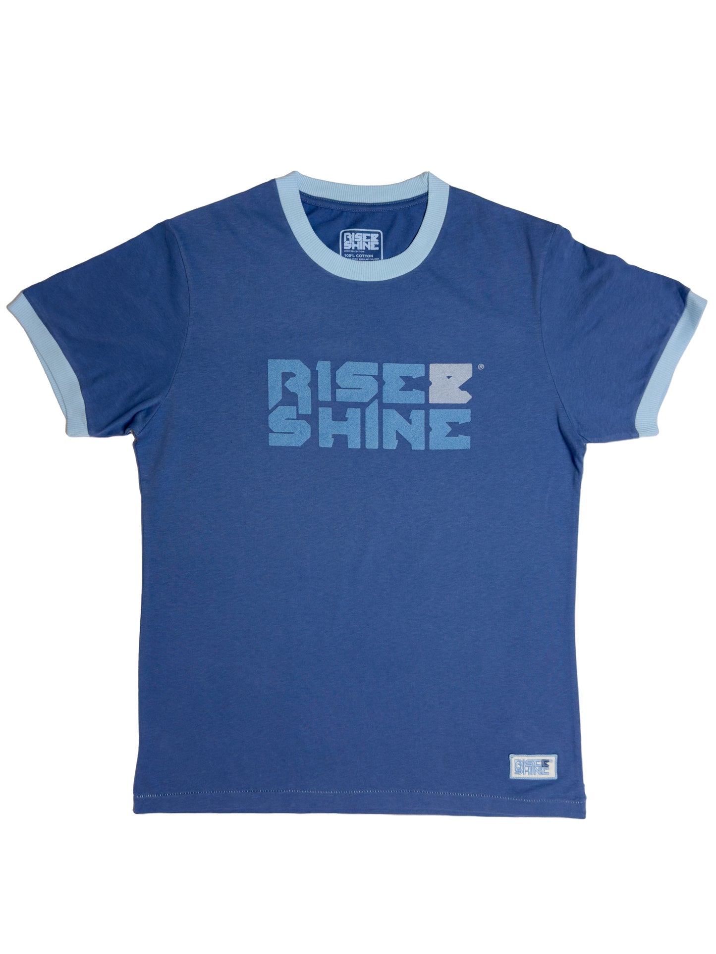 Signature blue indigo t-shirt with the RISE & SHINE logo printed on the front, along with some light blue retro trims on the collar and sleeves.