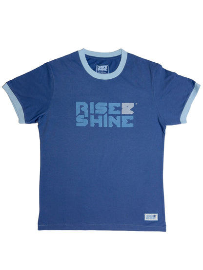 Signature blue indigo t-shirt with the RISE & SHINE logo printed on the front, along with some light blue retro trims on the collar and sleeves.
